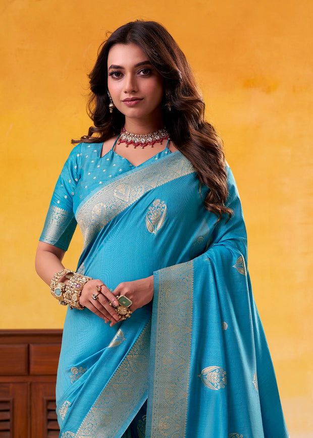 Sky Blue Woven Tusser Silk Saree