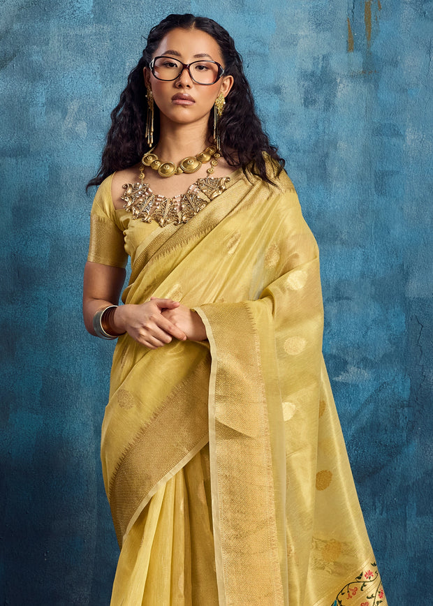 Pastel Yellow Woven Paithani Tissue Silk Saree