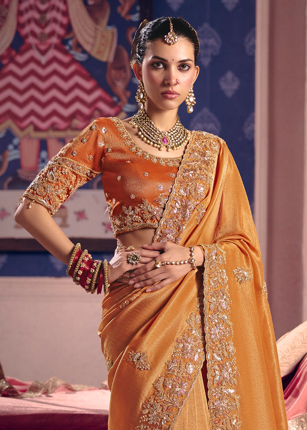 Saffron Orange Embroidered Tissue Designer Saree