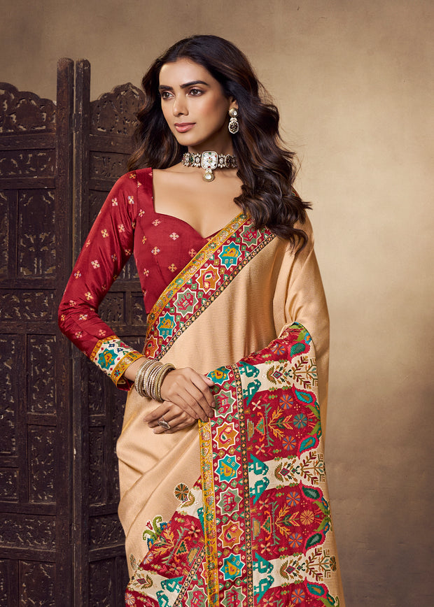 Beige And Maroon Woven Soft Silk Saree