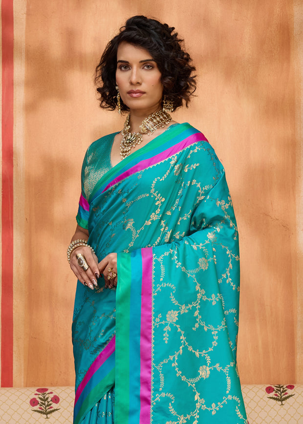 Ceramic Blue Woven Banarasi Silk Saree