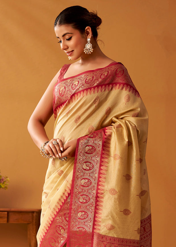 Cream Woven Banarasi Cotton Silk Saree