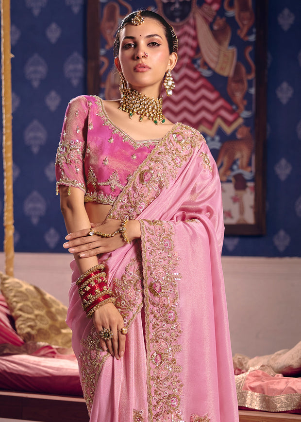 Blush Pink Embroidered Tissue Designer Saree