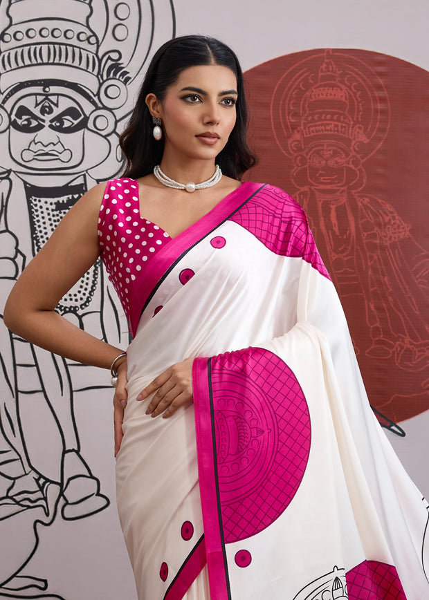 Hot Pink Printed Satin Silk Saree