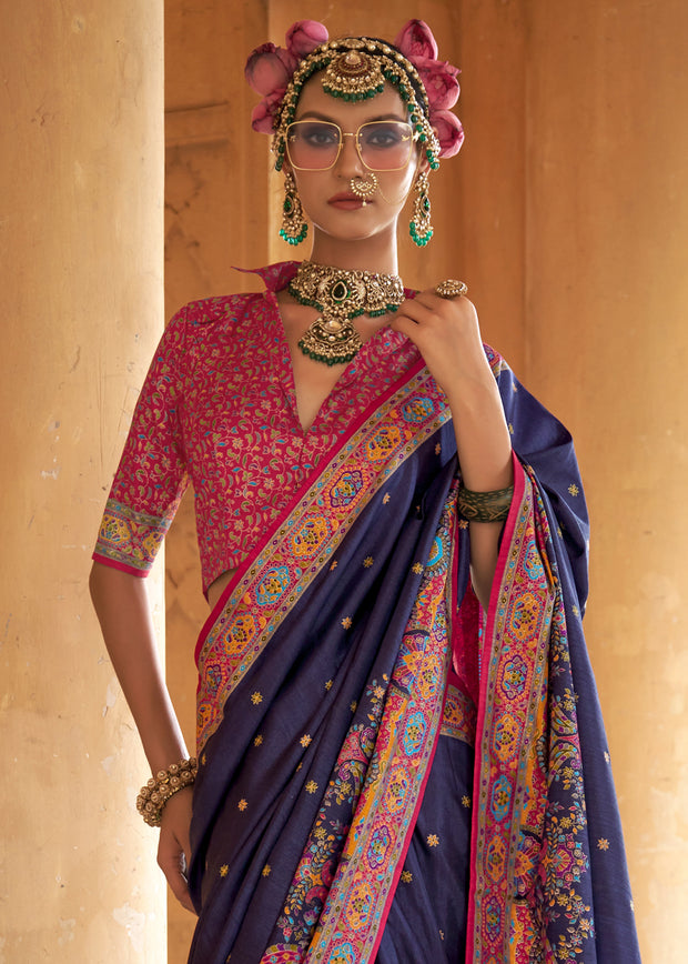 Navy Blue Printed Silk Saree With Contrast Blouse