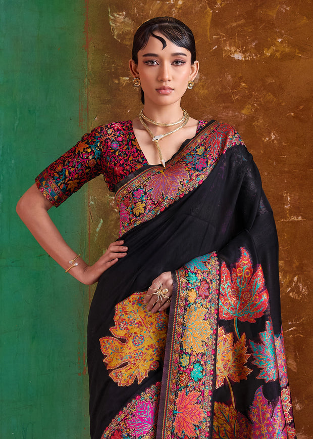 Black Woven Cotton Kashmiri Jamewar Saree