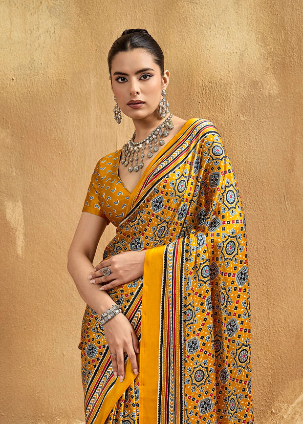 Golden Yellow Printed Satin Silk Saree