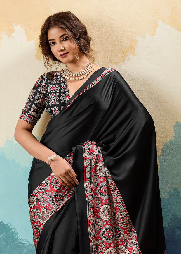 Jet Black Printed Satin Silk Saree