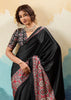 Jet Black Printed Satin Silk Saree