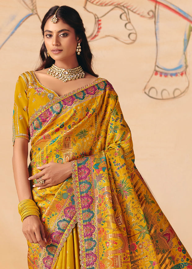 Honey Yellow Designer Embroidered Saree