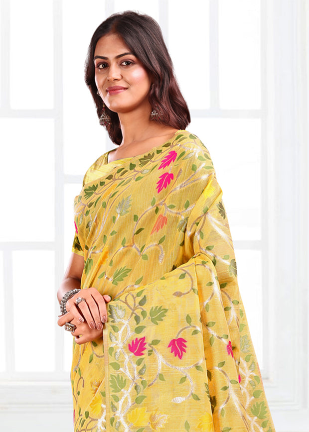 Vibrant Yellow Woven Linen Cotton Silk Saree