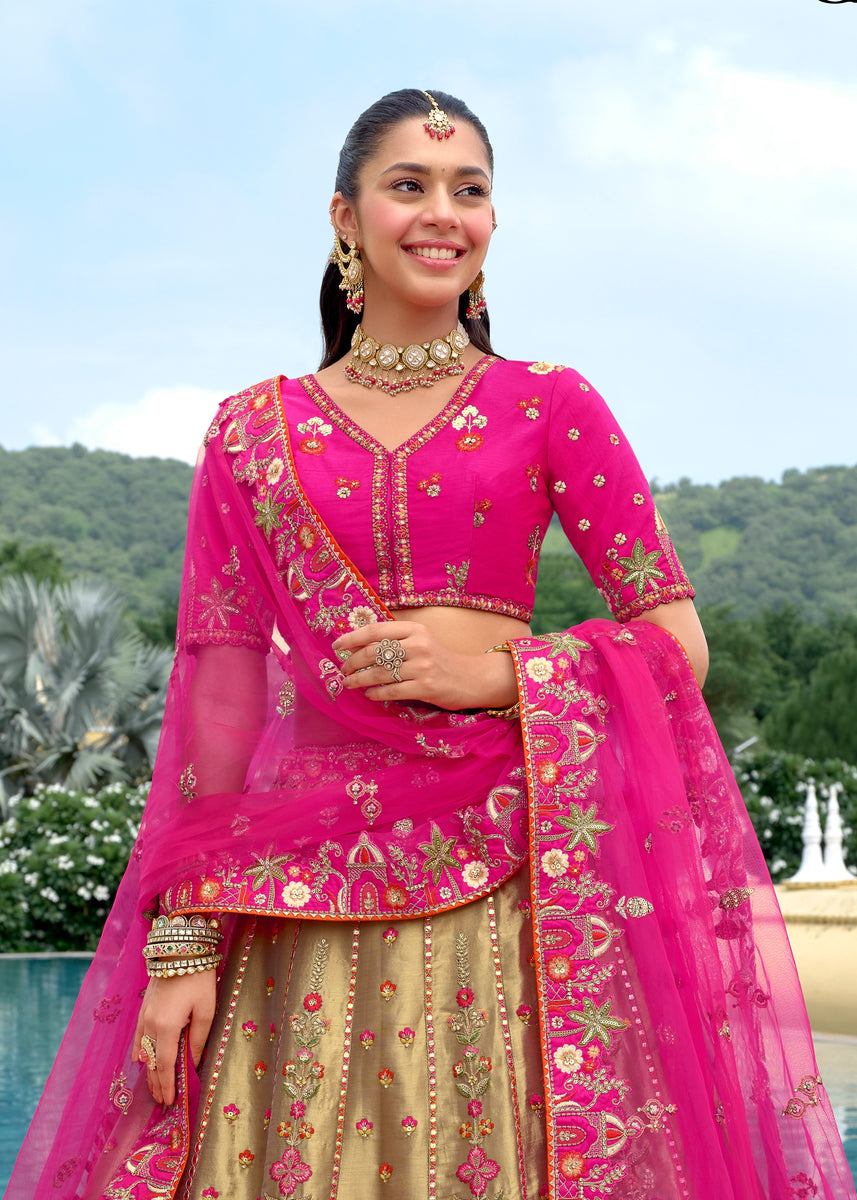 Rani Pink & Gold Embroidered Lehenga – Zari Banaras
