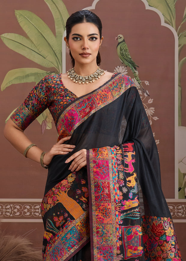 Pirate Black Woven Cotton Kashmiri Jamewar Saree