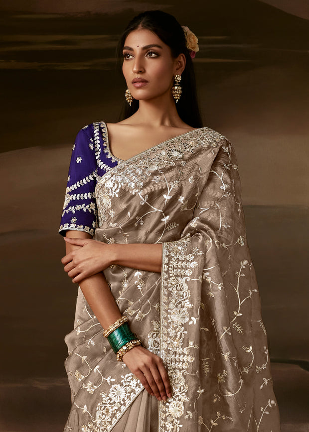Metallic Beige Embroidered Designer Organza Saree