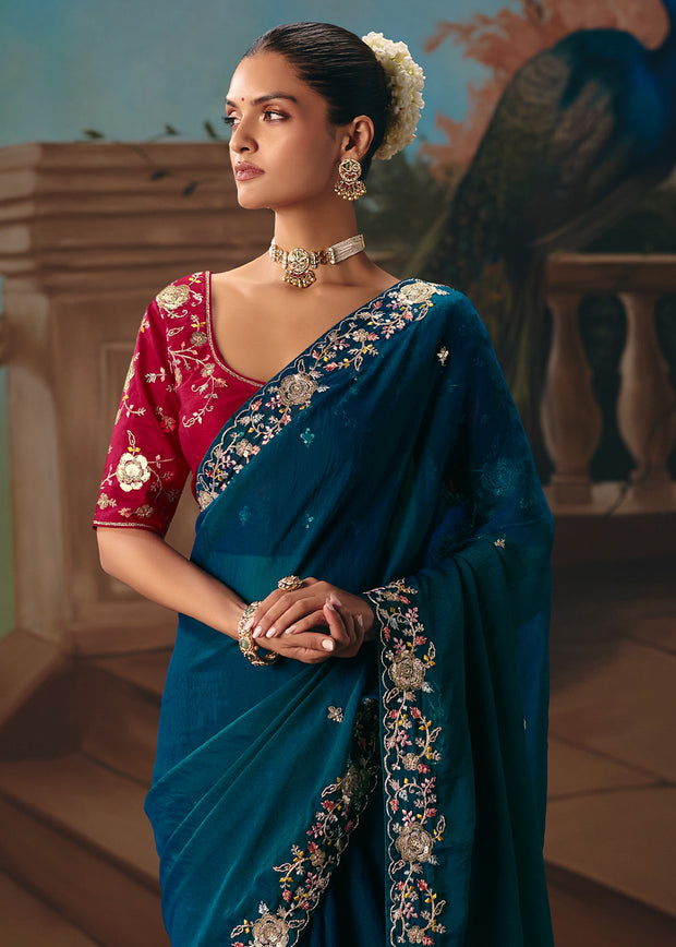 Coral Blue Embroidered Designer Saree