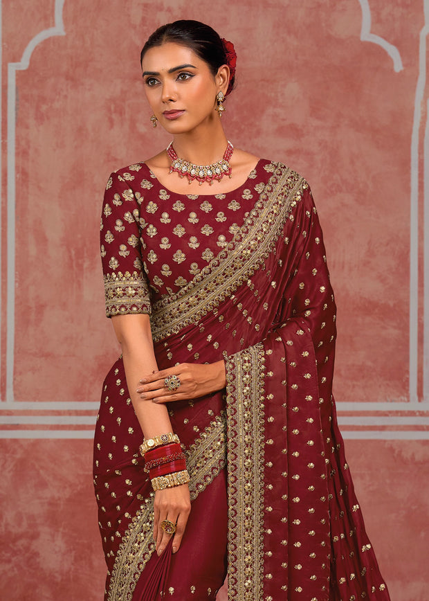 Bridal Maroon Embroidered Designer Saree