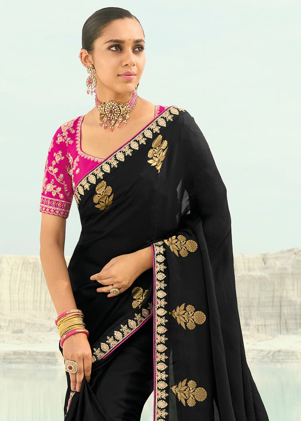 Black Woven Banarasi Embroidered Organza Satin Silk Saree