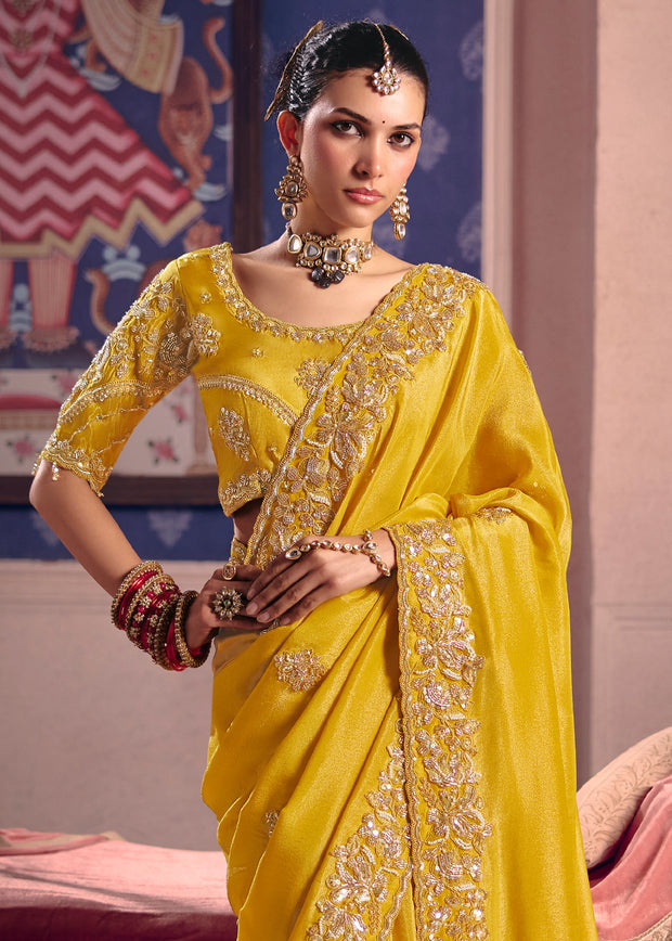 Mimosa Yellow Embroidered Tissue Designer Saree