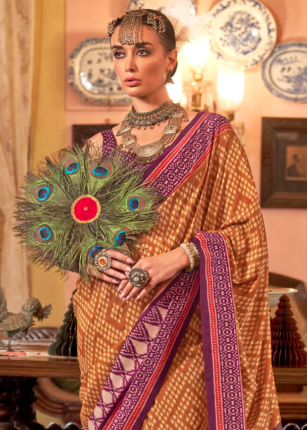 Apricot Orange Printed Patola Silk Saree