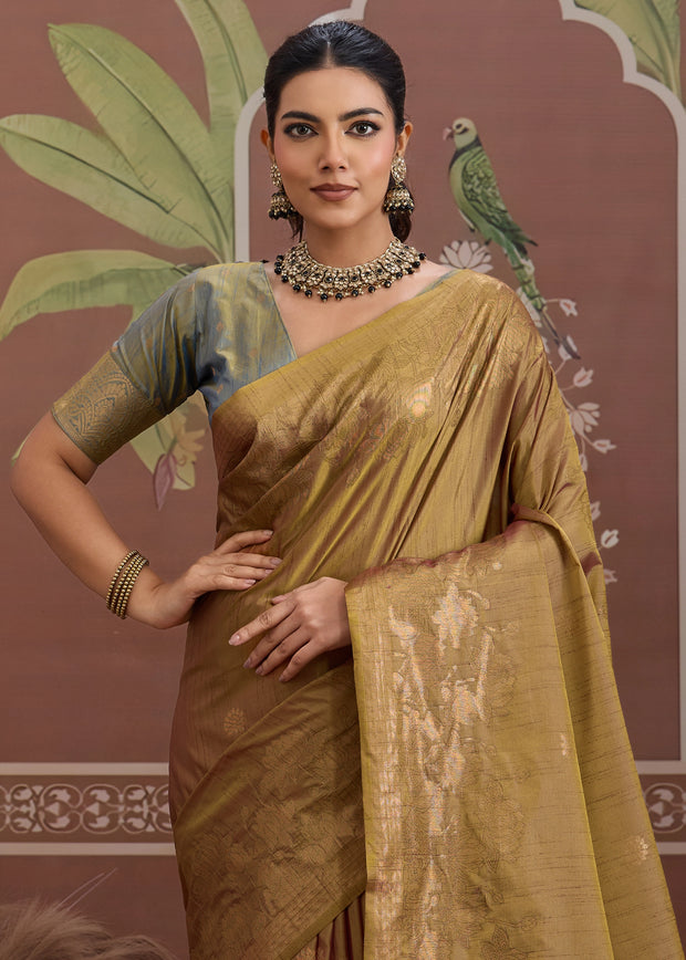 Mustard Gold Woven Tussar Silk Saree