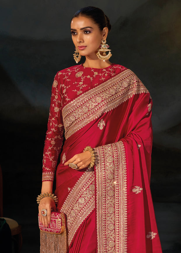Red Satin Embroidered Designer Saree