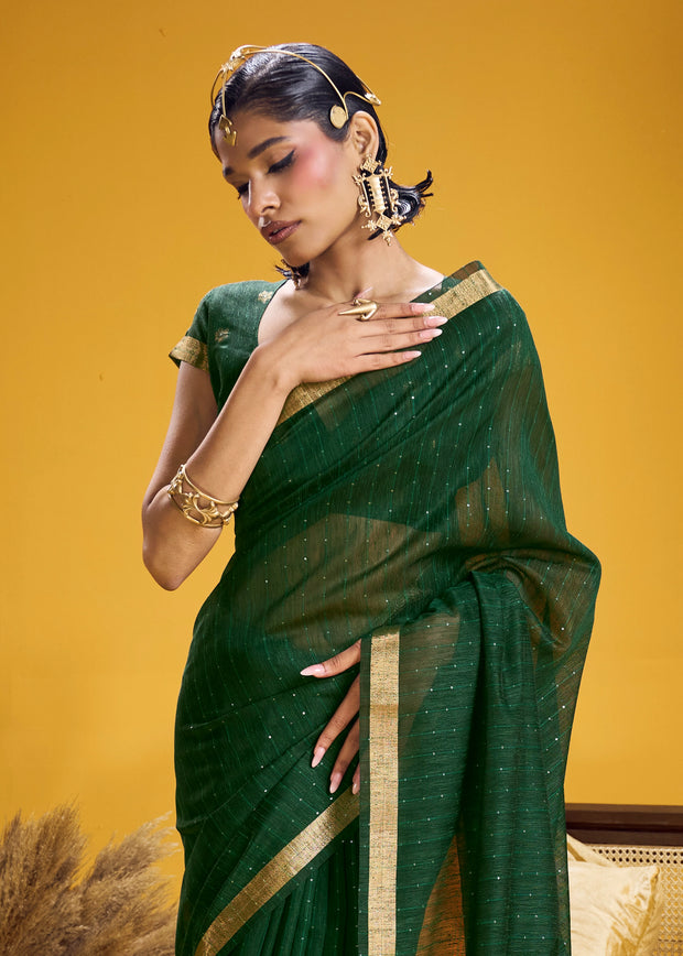 Forest Green Woven Cotton Silk Saree