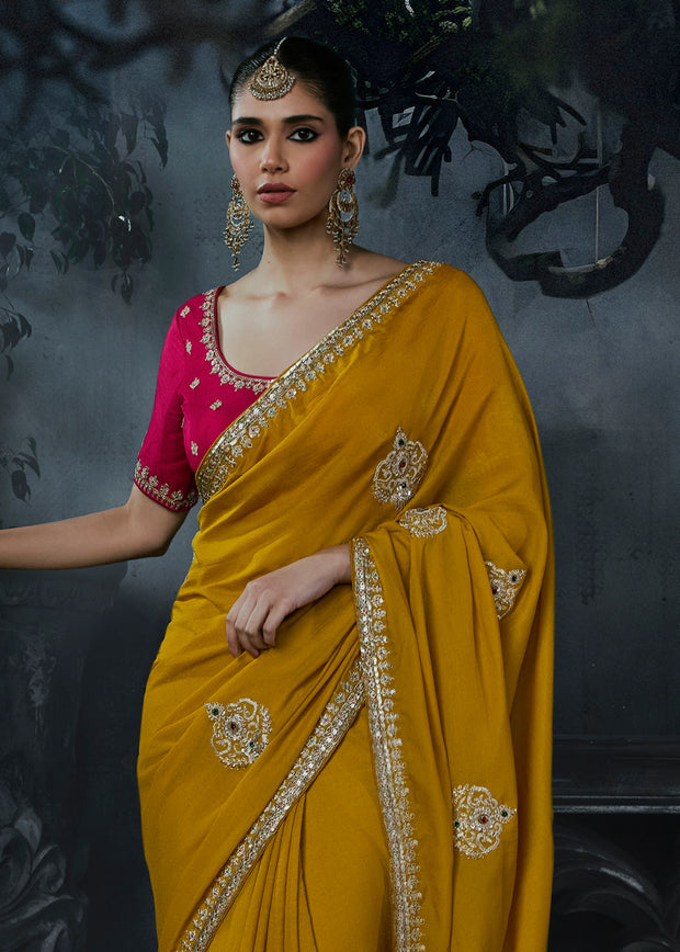 Honey Yellow Embroidered Designer Saree