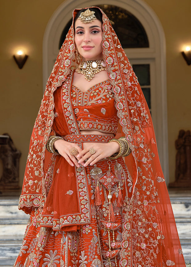 Rust Orange Embroidered Silk Bridal Lehenga With Double Dupatta