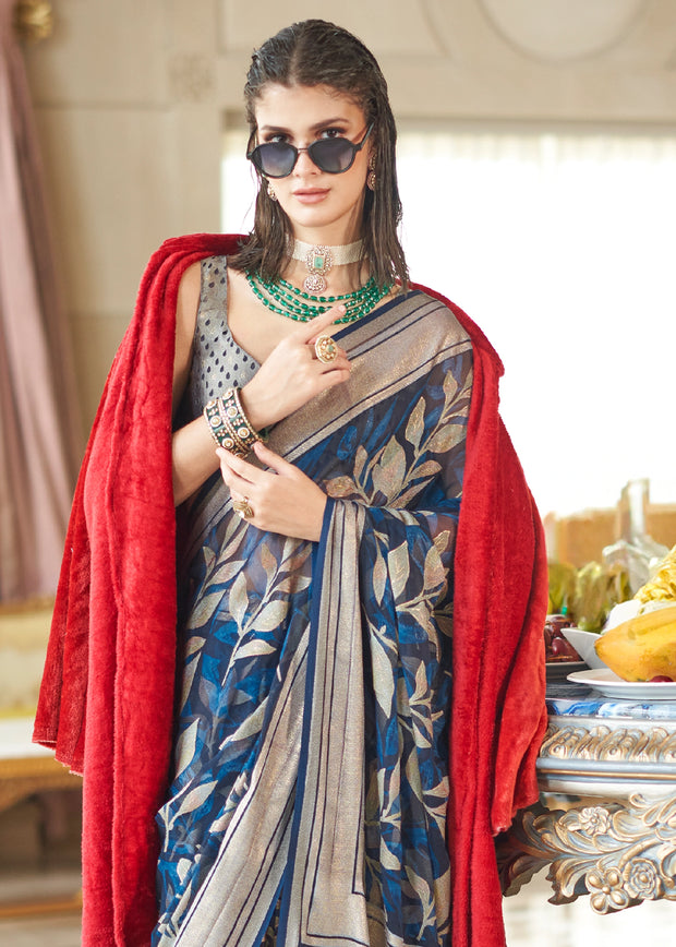 Teal Blue Woven Georgette Silk Saree