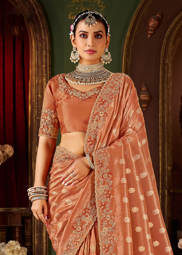 Apricot Orange Embroidered Tissue Designer Saree