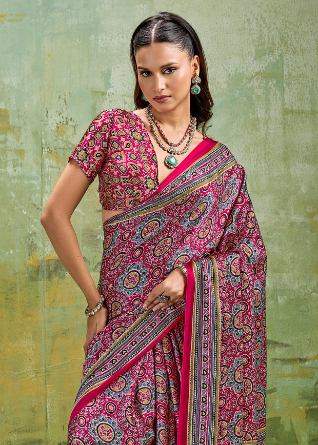 Fuchsia Pink Printed Satin Silk Saree