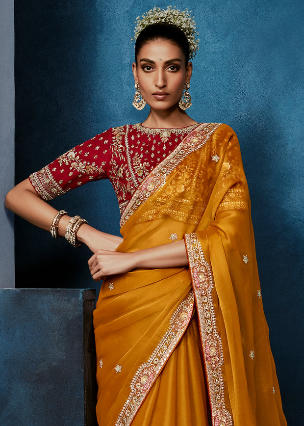 Sunshine Orange Embroidered Designer Tissue Saree