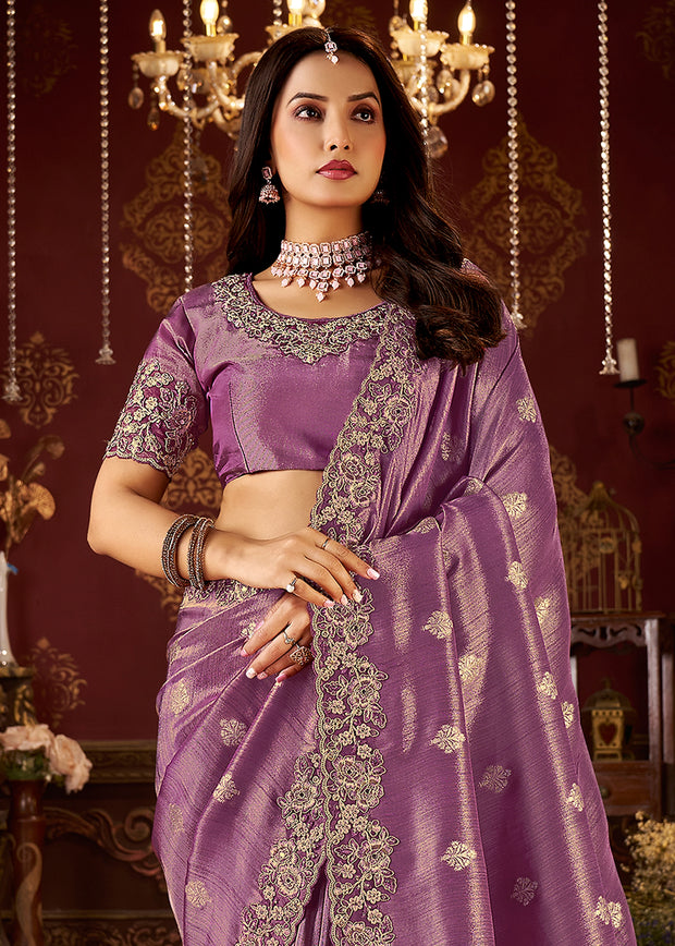 Iris Purple Embroidered Tissue Designer Saree