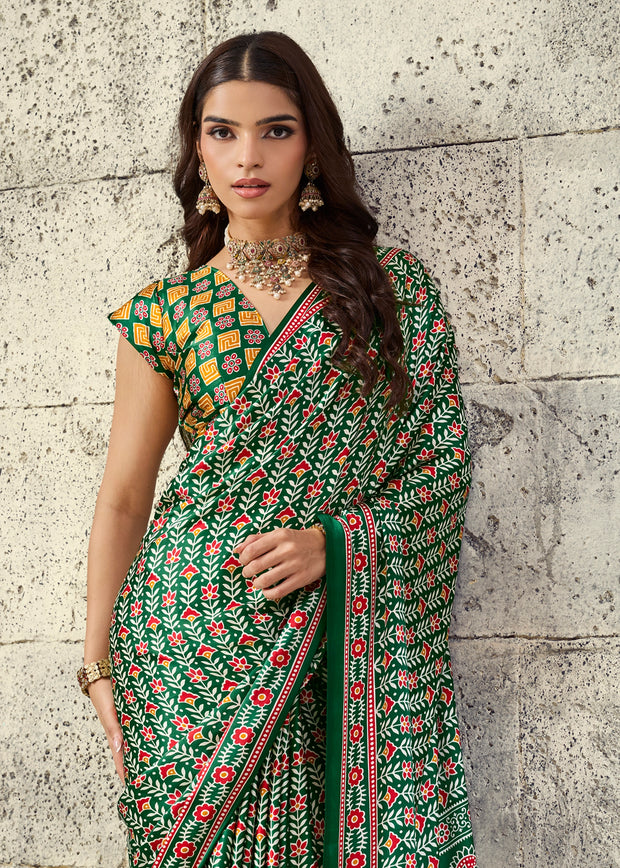 Jungle Green Printed Satin Silk Saree