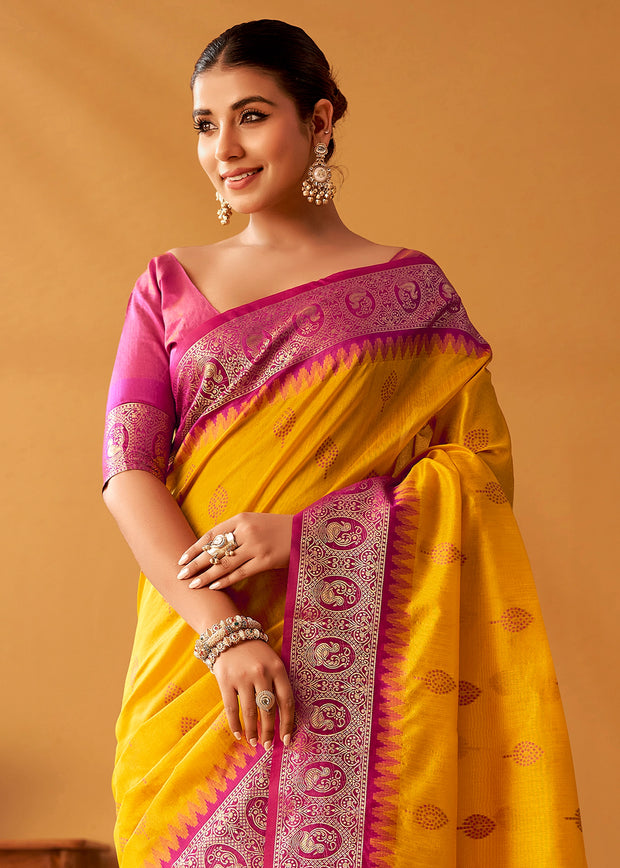 Vibrant Yellow Woven Banarasi Cotton Silk Saree