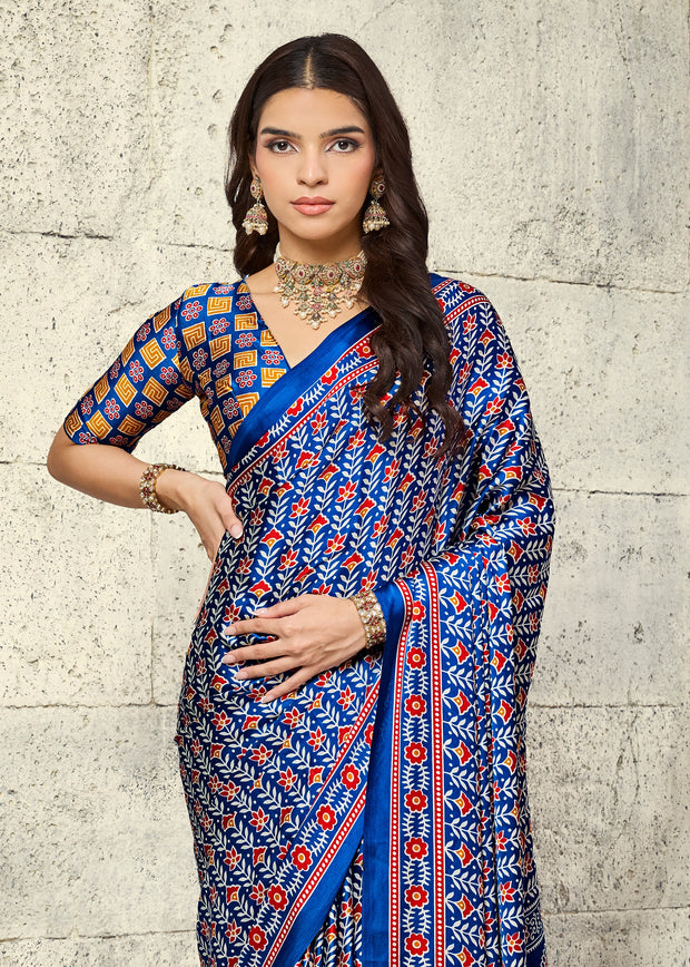 Indigo Blue Printed Satin Silk Saree