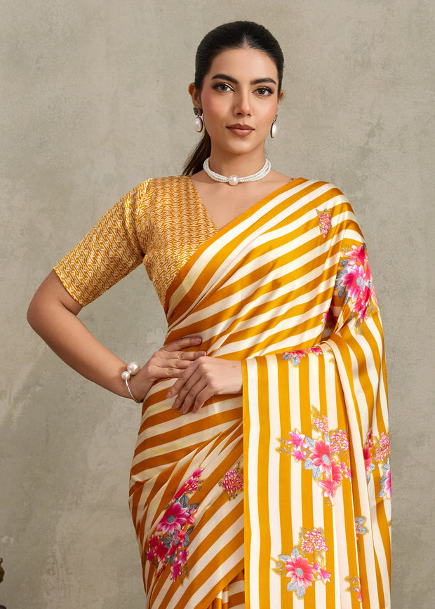 Bright Yellow Printed Satin Silk Saree