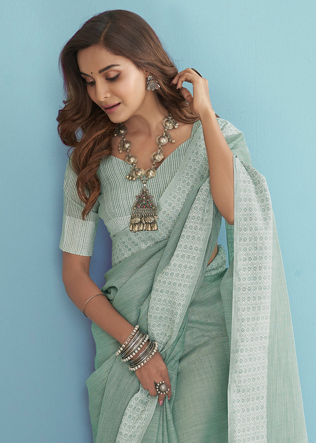 Haze Blue Woven Linen Silk Saree