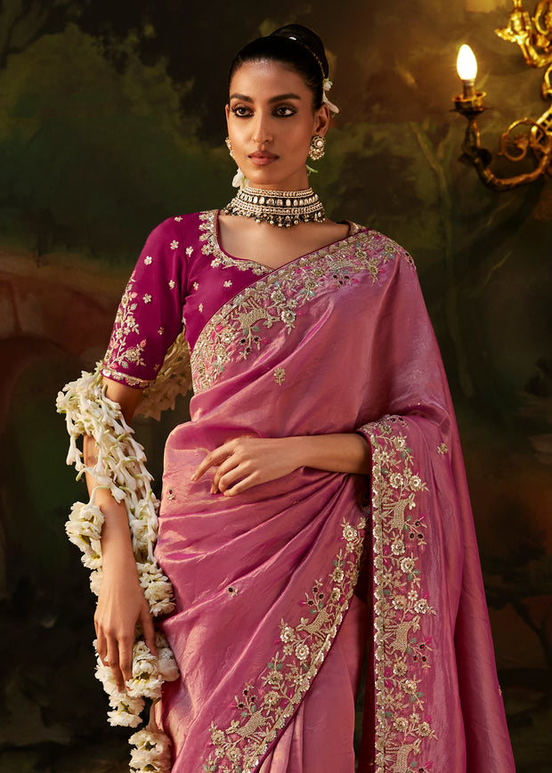 Dusty Rose Embroidered Tissue Saree