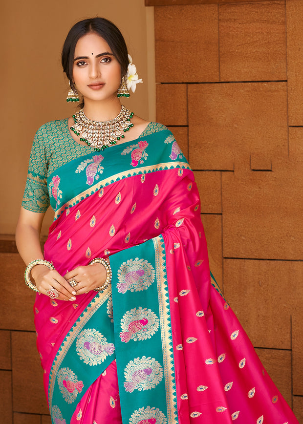 Pink & Green Woven Banarasi SIlk Saree