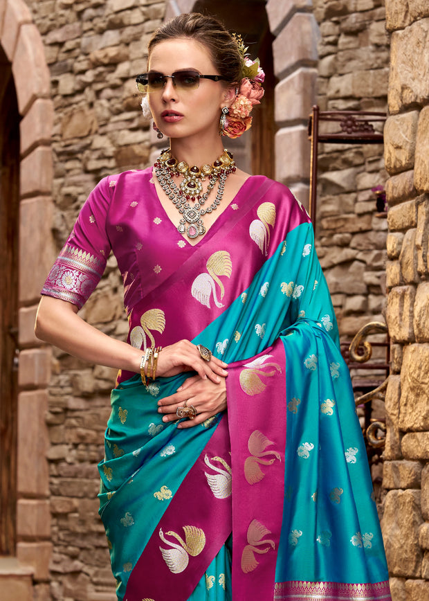 Horizon Blue Banarasi Satin Silk Saree