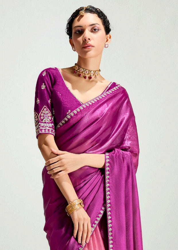 Dahlia Purple Ombre Designer Tissue Saree With Embroidered Blouse