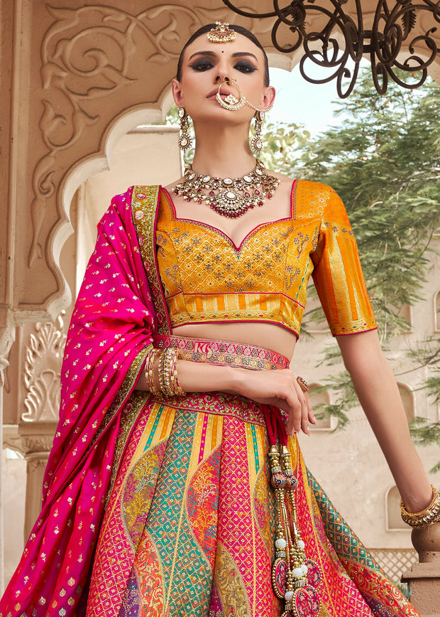 Yellow & Pink Banarasi Silk Embroidered Lehenga