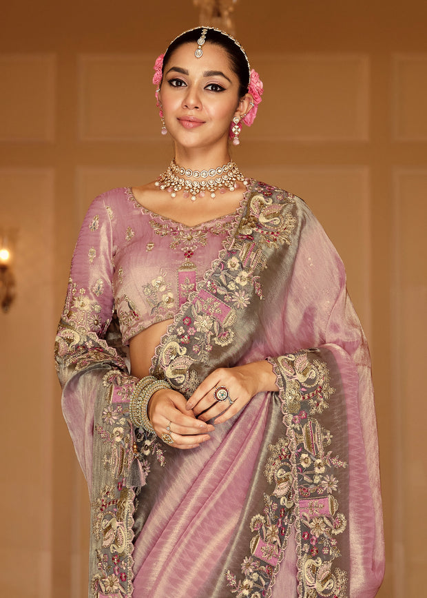 Onion Pink Designer Embroidered Silk Saree