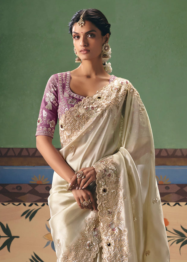 Snow White Embroidered Designer Saree