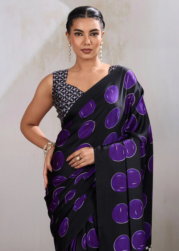 Purple Printed Satin Silk Saree