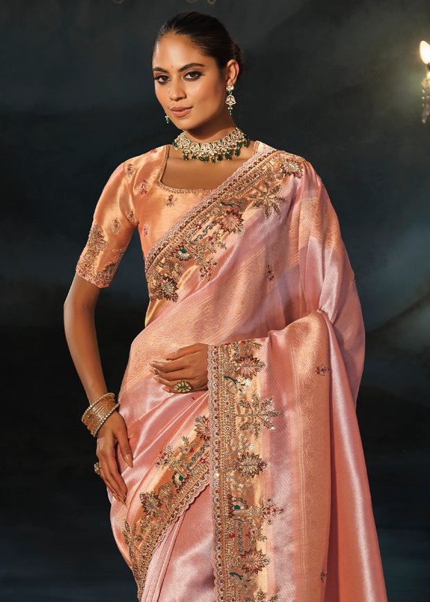 Peach Pink Embroidered Silk Saree