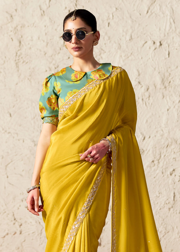 Lime Yellow Designer Organza Tissue Silk Saree With Printed Blouse
