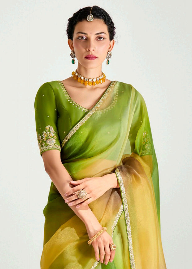 Mehandi Green Ombre Designer Tissue Saree With Embroidered Blouse