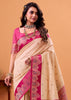Cream And Pink Banarasi Satin Silk Saree